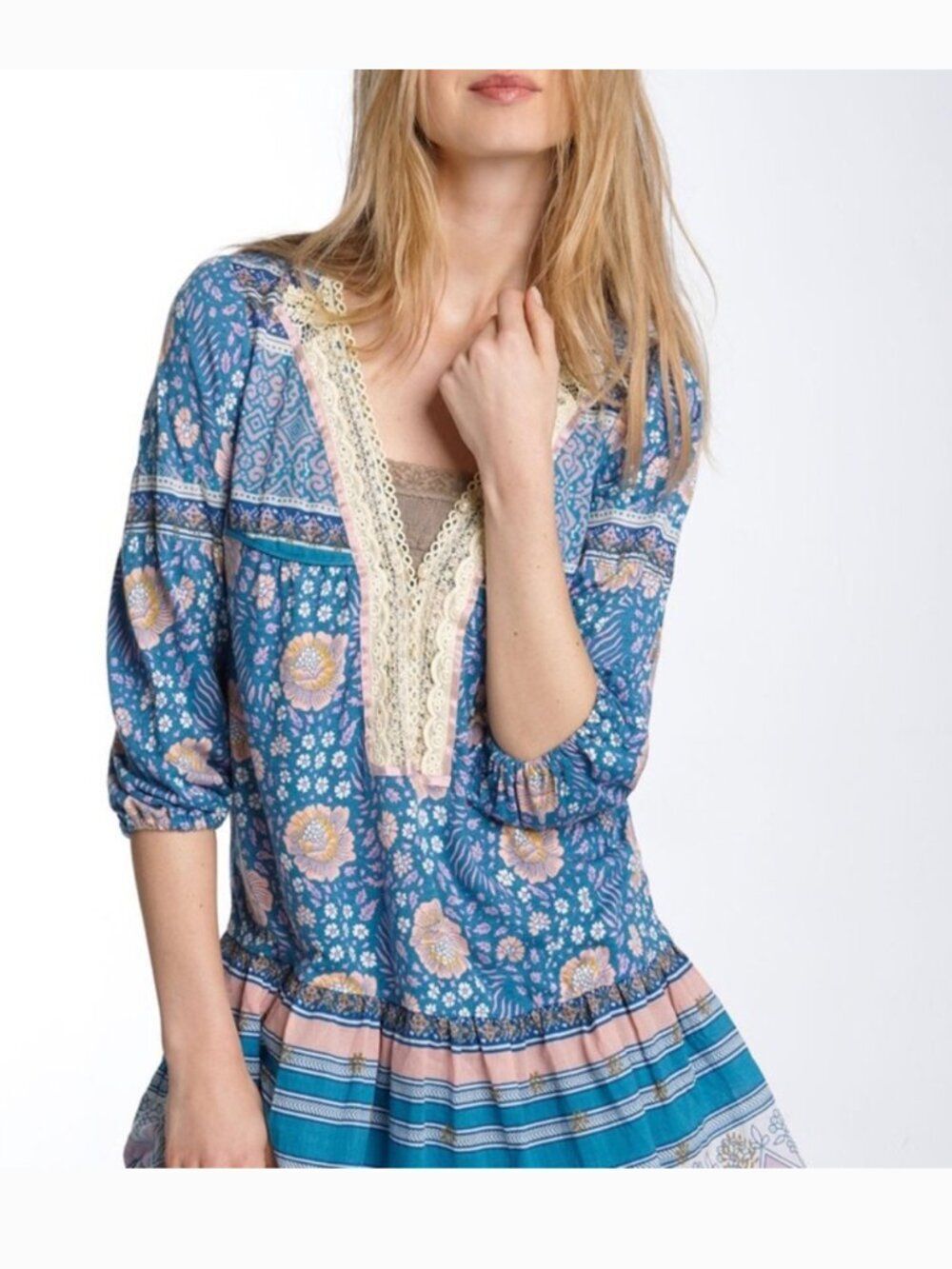 Free People Sweet Poland Tunic Top S Boho Floral Lace Pearl Peasant